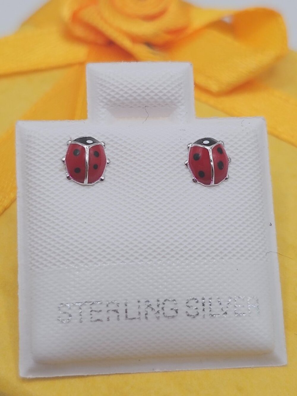 Sterling Silver 925 Rhodium Plated Enamel Red Lady Bug Stud Earrings